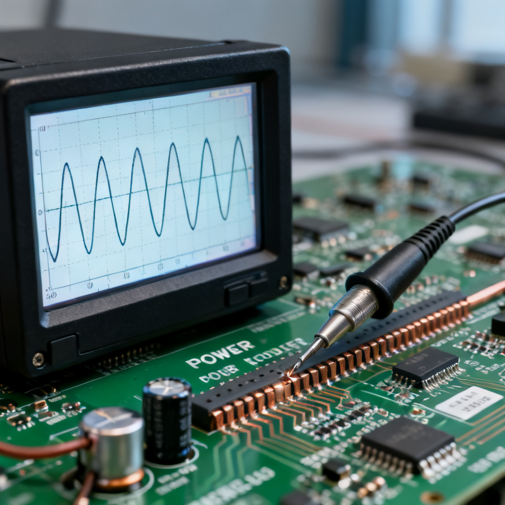 Ripple measurement on oscilloscope showing power supply noise in PCB design