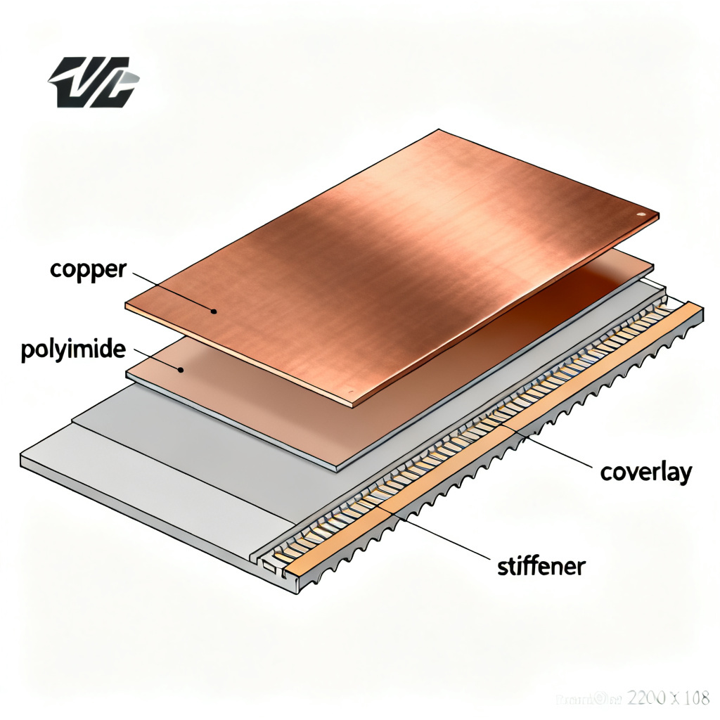 Single layer flexible PCB structure diagram showing copper coverlay and stiffener layers