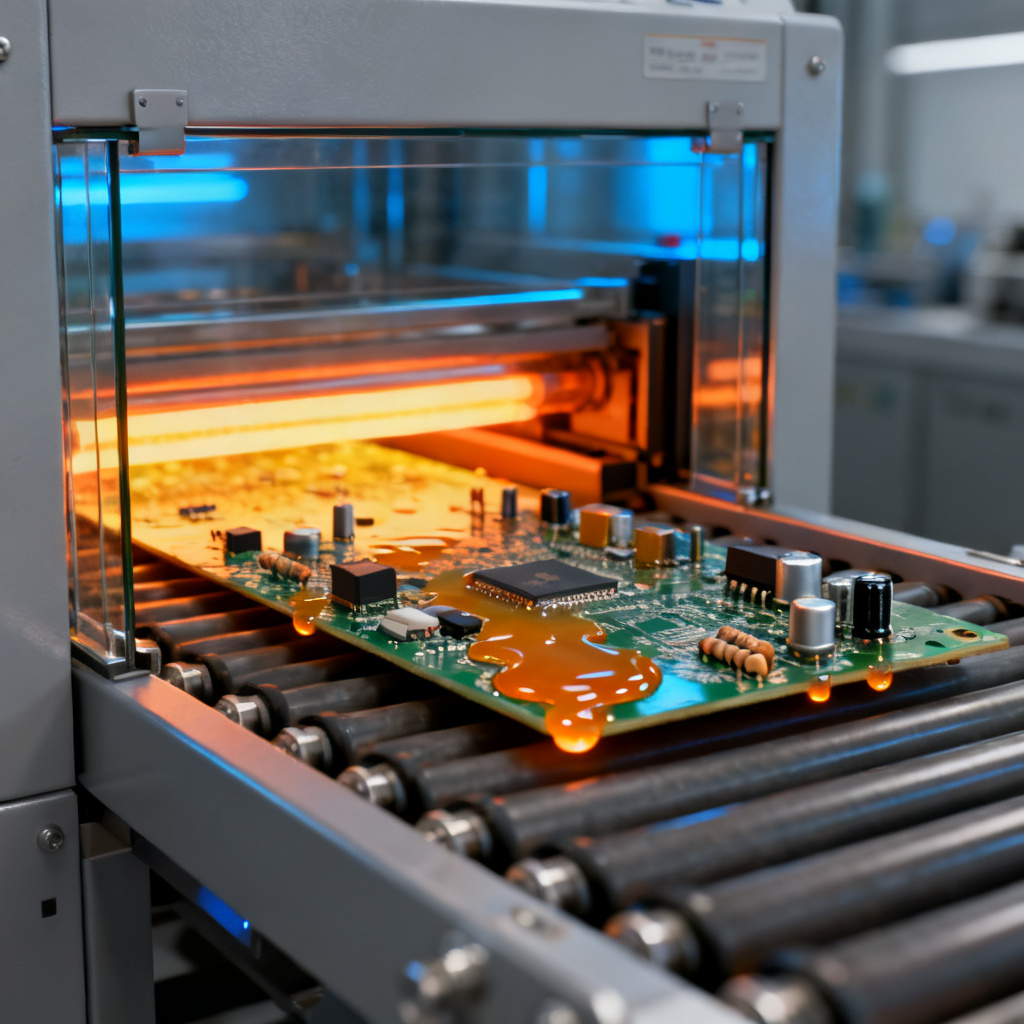 SMT assembly process showing reflow soldering oven with PCB entering the heating zones