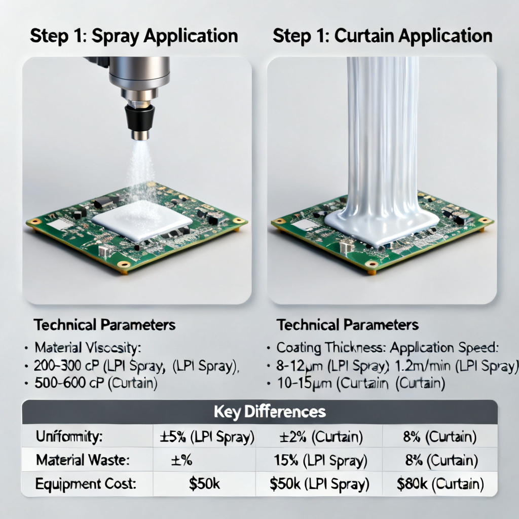 Solder mask application comparison table showing LPI spray and curtain coating differences