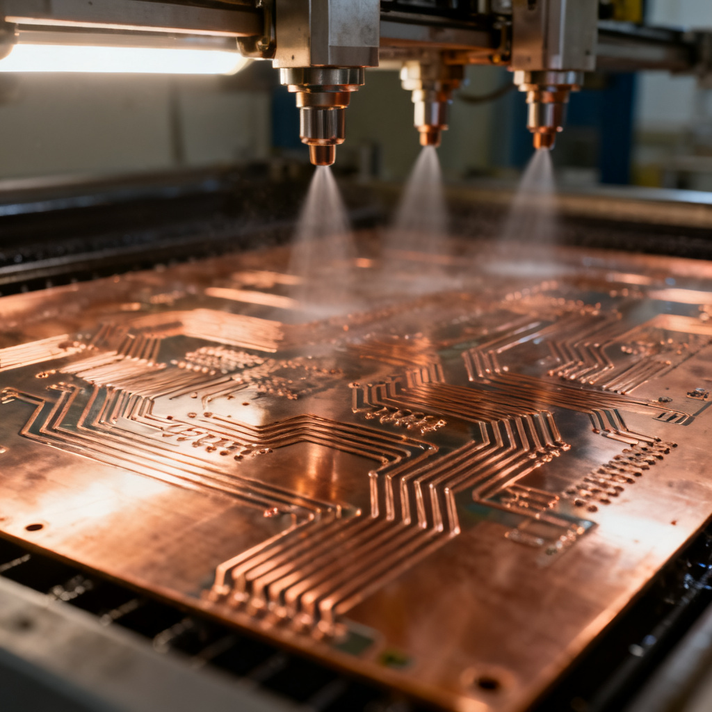 Thick Copper PCB Guide 3oz up to 20oz Design Current Capacity cross-section displaying heavy copper traces, differential etching profiles, and high-Tg FR-4 lamination