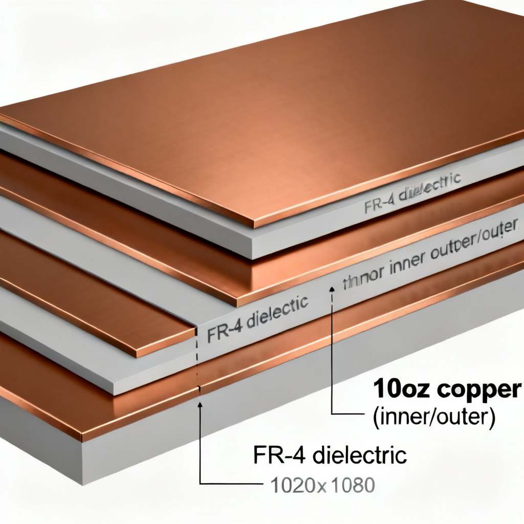 Thick copper PCB layer stackup design showing 6-layer board with 10oz inner and outer layers