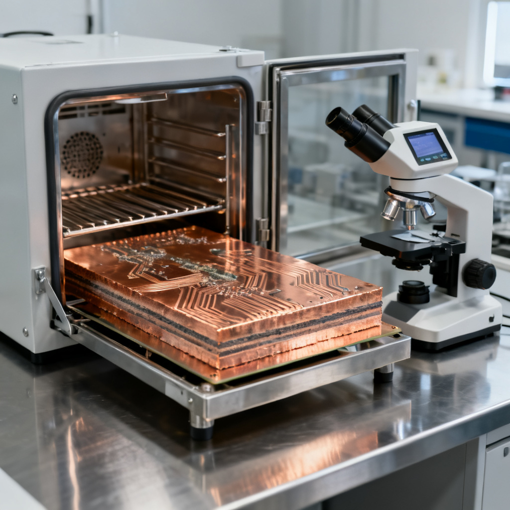 Thick copper PCB testing quality assurance showing cross-section analysis and thermal cycling