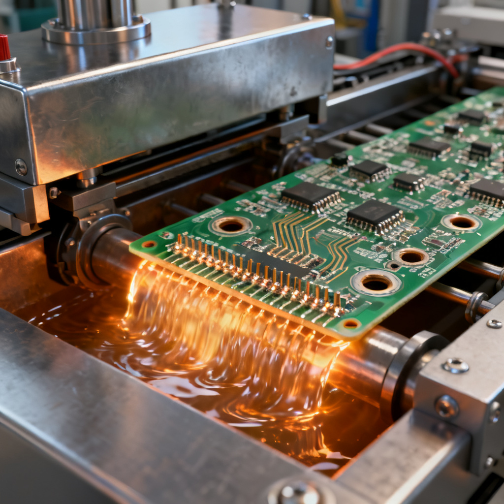 Through-hole assembly process showing wave soldering machine with PCB passing over molten solder wave