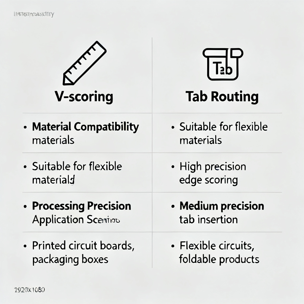 V-scoring vs tab routing comparison table showing key differences in PCB routing and profiling methods