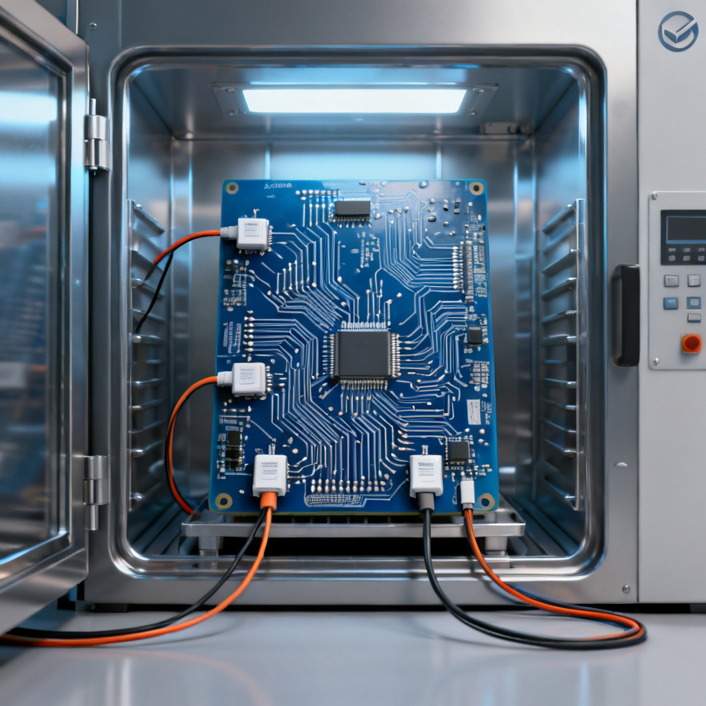 AEC-Q100 thermal testing on automotive PCB showing temperature cycling chamber