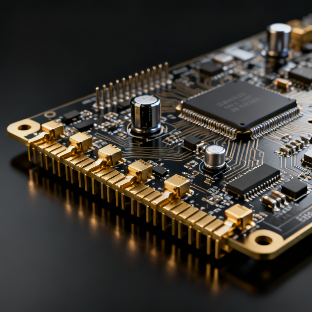 Aerospace and Defense PCB guide hero image showing a high-reliability multilayer board with military-grade components