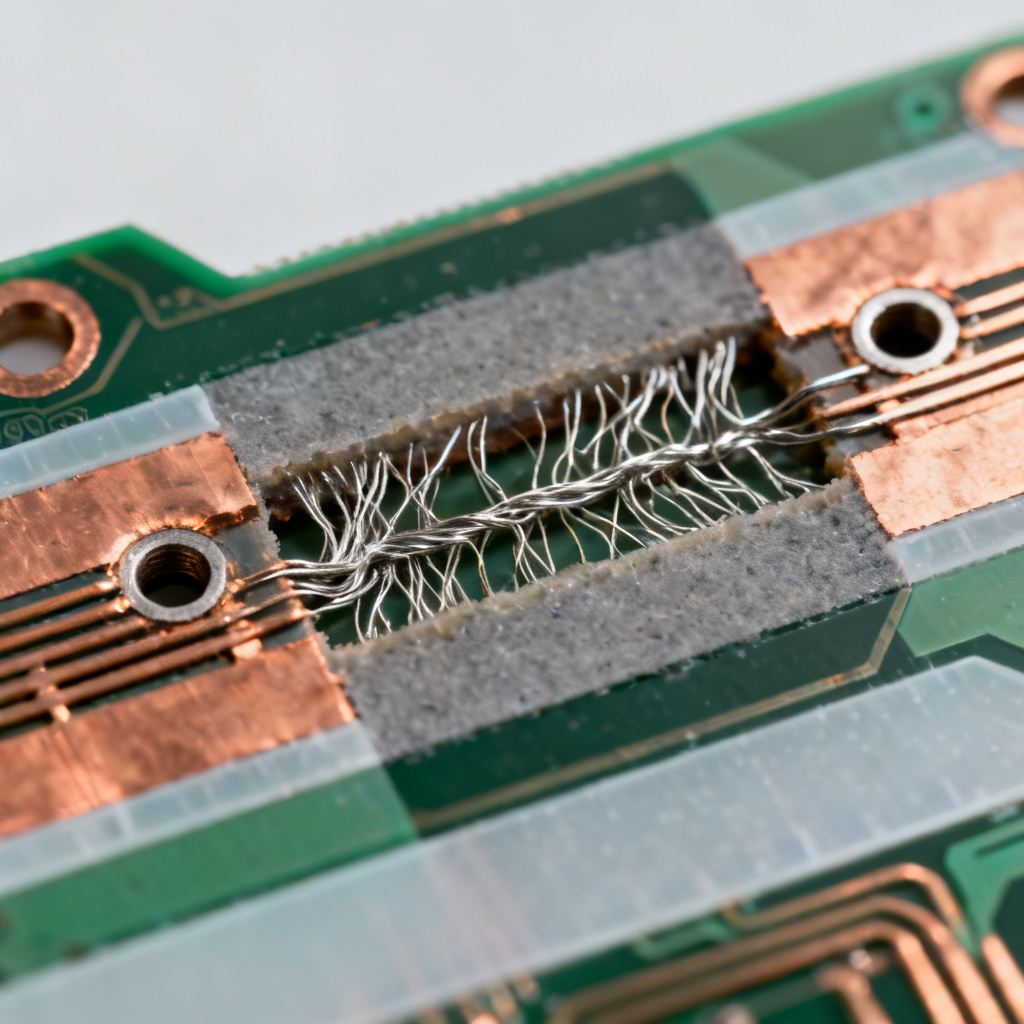 CAF testing PCB under microscope showing filament growth
