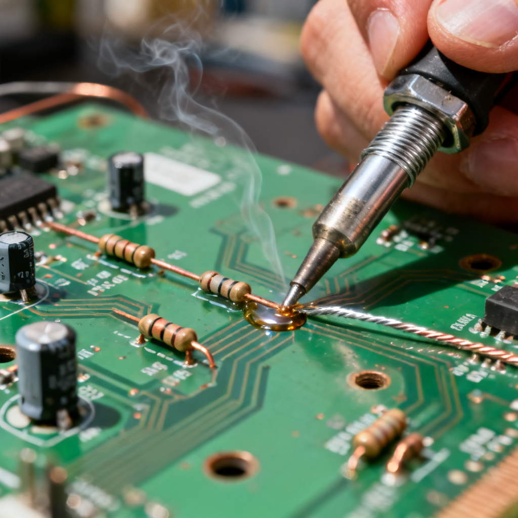 Hand soldering through-hole PCB components with soldering iron and solder wire