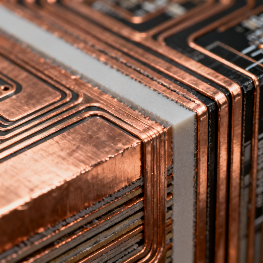 Heavy copper EV charging PCB cross section under microscope highlighting thick copper layer thickness for thermal management