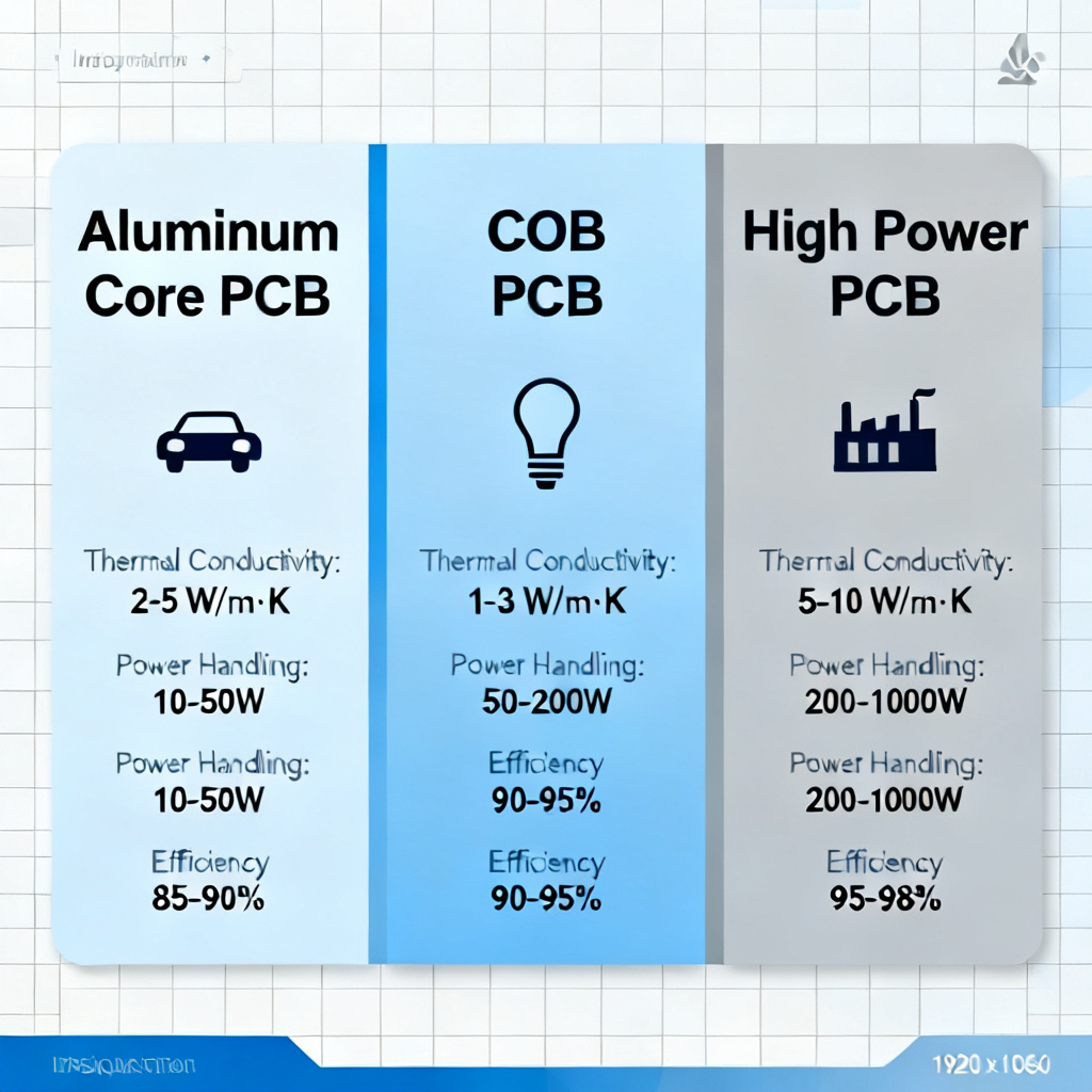 LED PCB application selection guide showing different board types and specifications