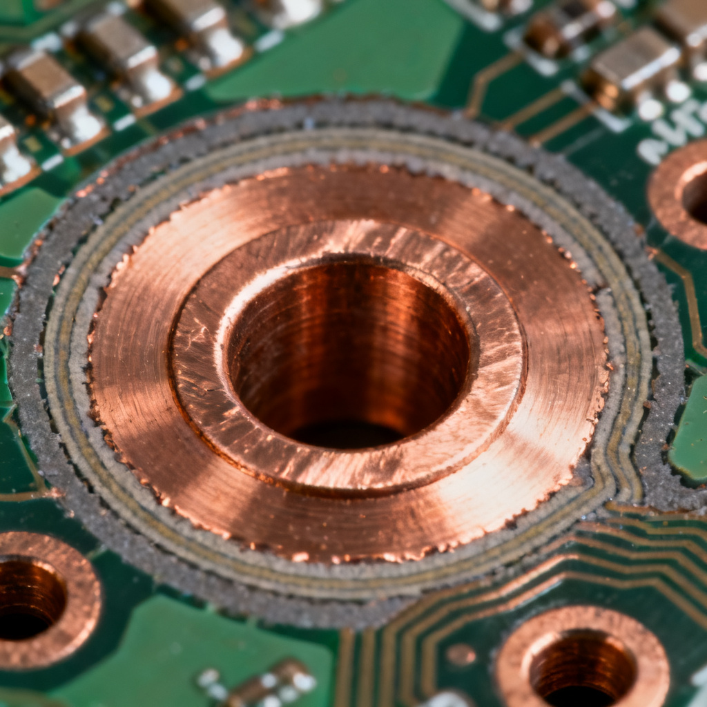 Microsection Analysis of PCB cross-section under microscope showing copper layers
