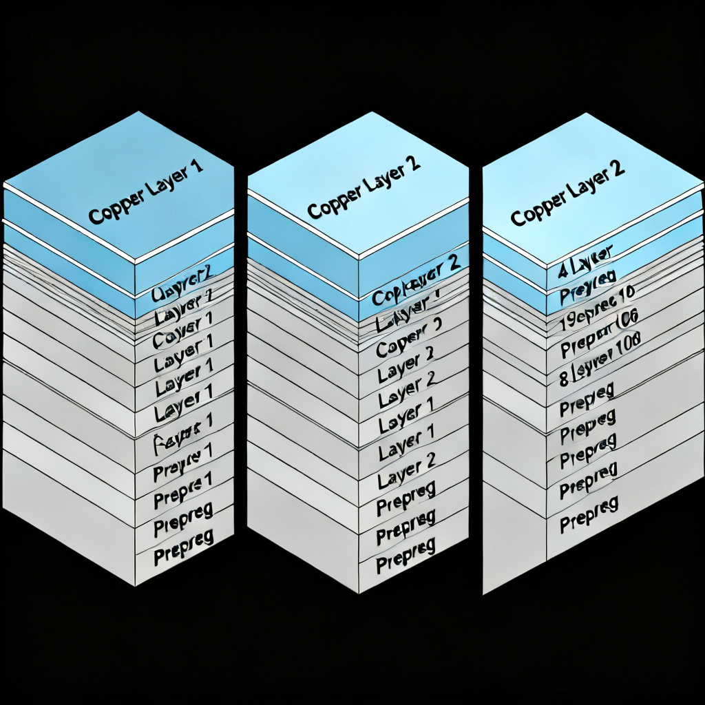 Multi-layer PCB layer count comparison showing 2-layer 4-layer and 8-layer stackup configurations