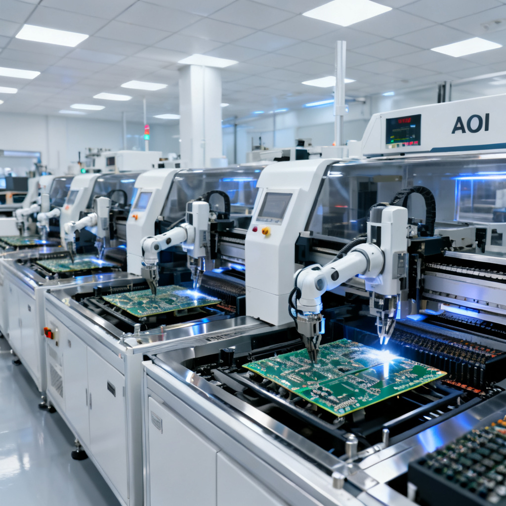 PCB Assembly overview showing SMT pick and place and AOI inspection in a modern factory