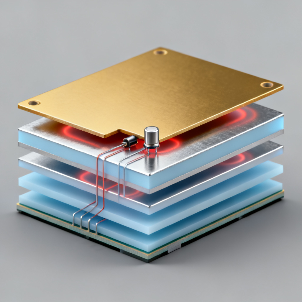 Multilayer PCB design showing copper traces and circuit board components optimized for electrical parameters including resistance, capacitance, and inductance