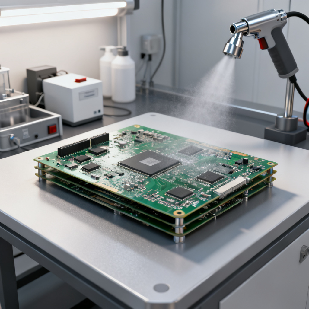 PCB cleaning and conformal coating overview showing a clean board ready for coating