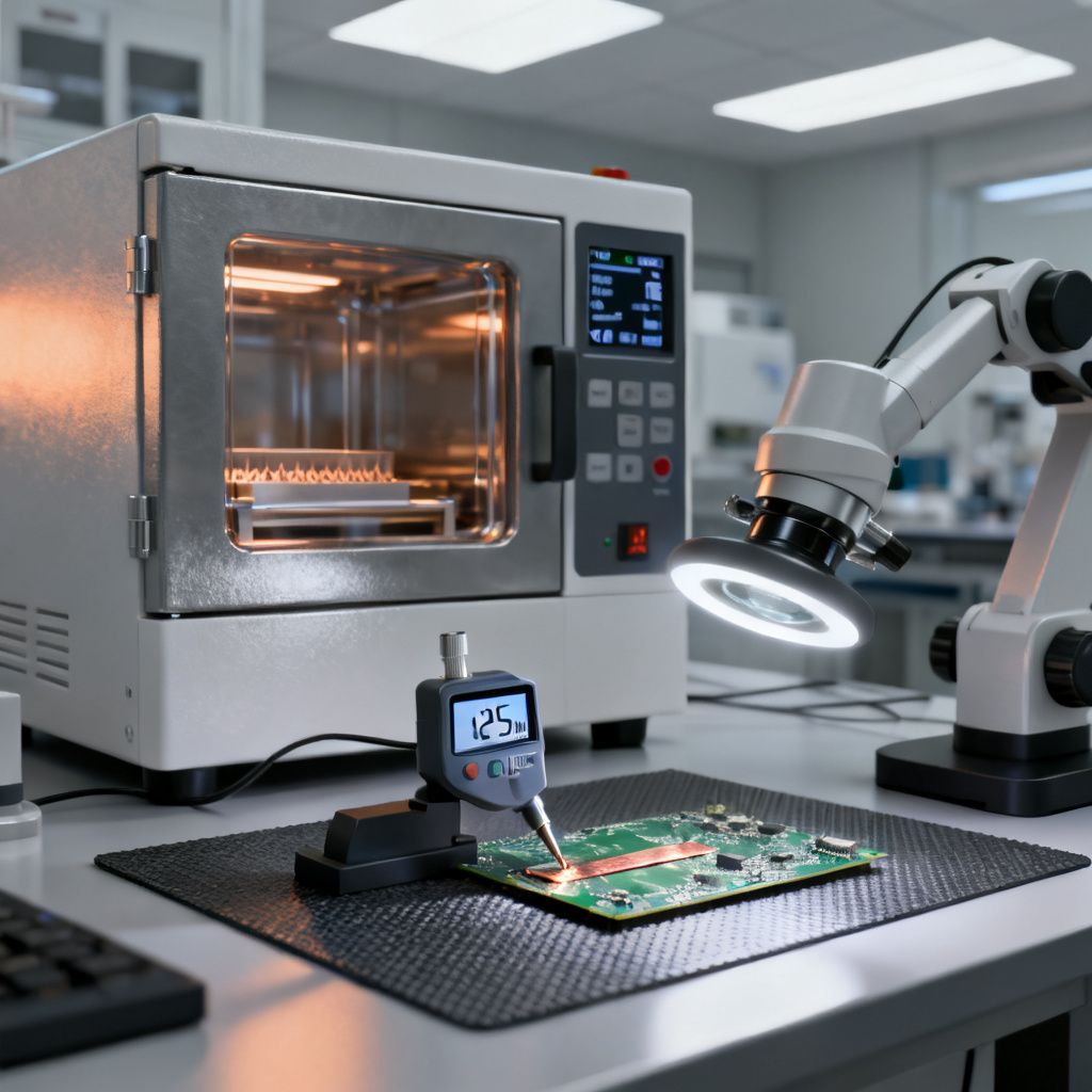 PCB coating curing and inspection process showing thermal cycling and thickness measurement
