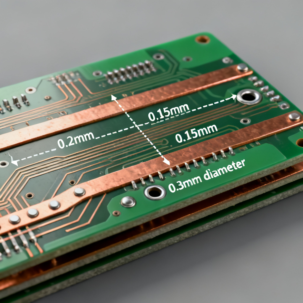 PCB Design Rules Checklist showing line width spacing and via sizes on a multi-layer board