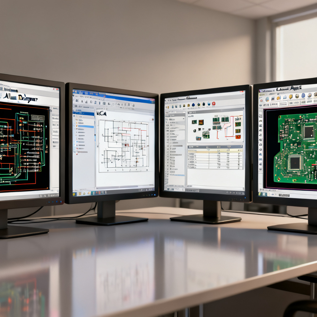 PCB design software comparison overview showing Altium KiCad Cadence Eagle interfaces