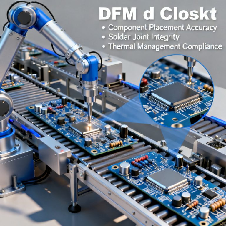 Technical illustration of a PCB DFM checklist showing line width, spacing, and via size parameters for manufacturing guidelines