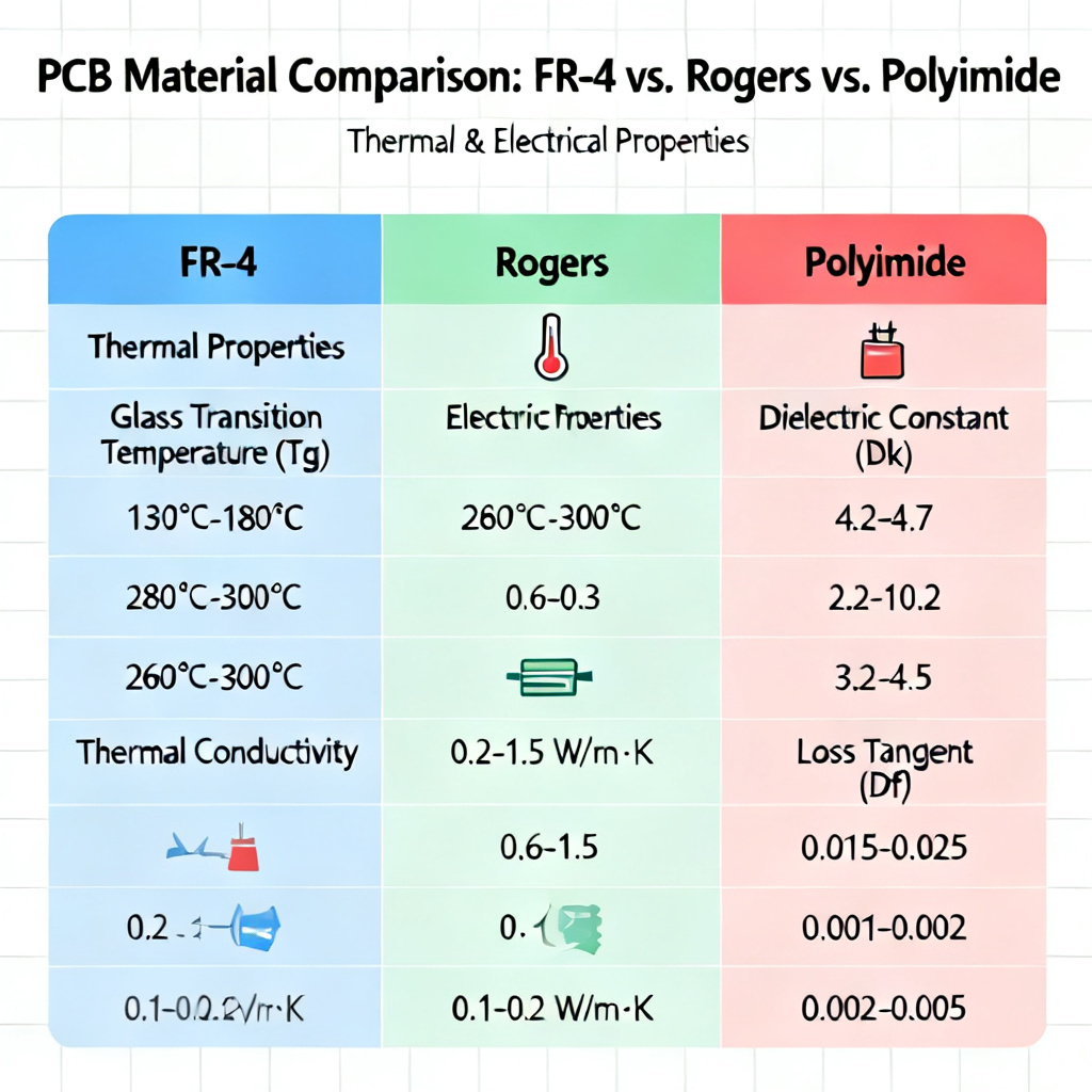 PCB material selection comparison showing FR-4 Rogers and polyimide substrate properties