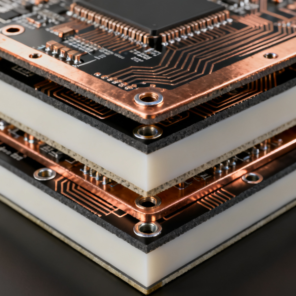 PCB stackup design overview showing multi-layer structure with copper planes and dielectric layers