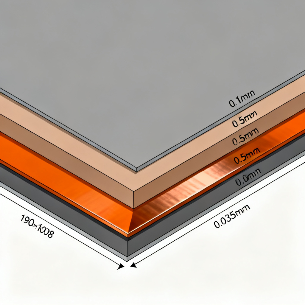 Cross-section of multi-layer PCB showing thickness layers and copper planes