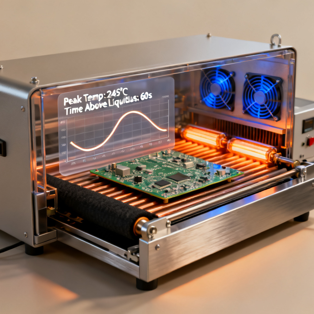 Reflow soldering oven profile for SMT assembly showing temperature zones