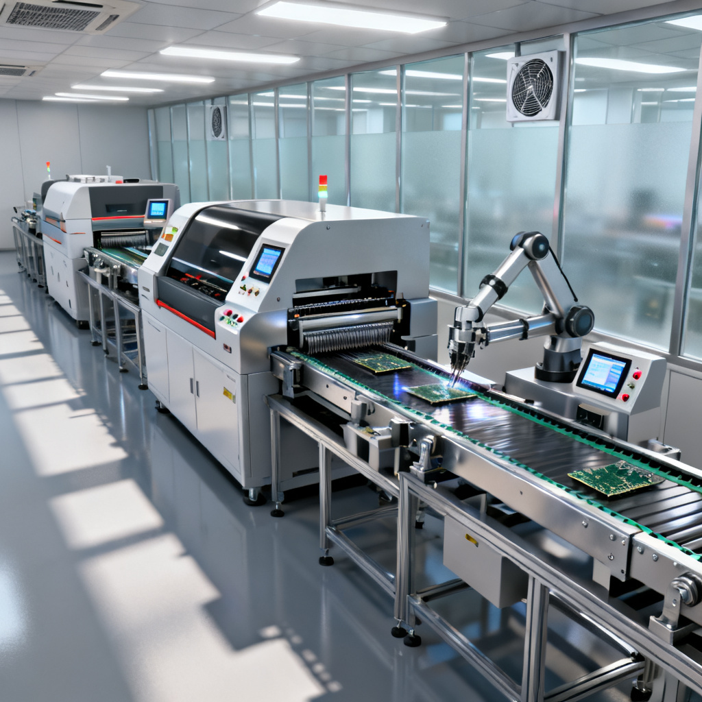 SMT assembly line overview showing solder paste printing pick and place reflow soldering