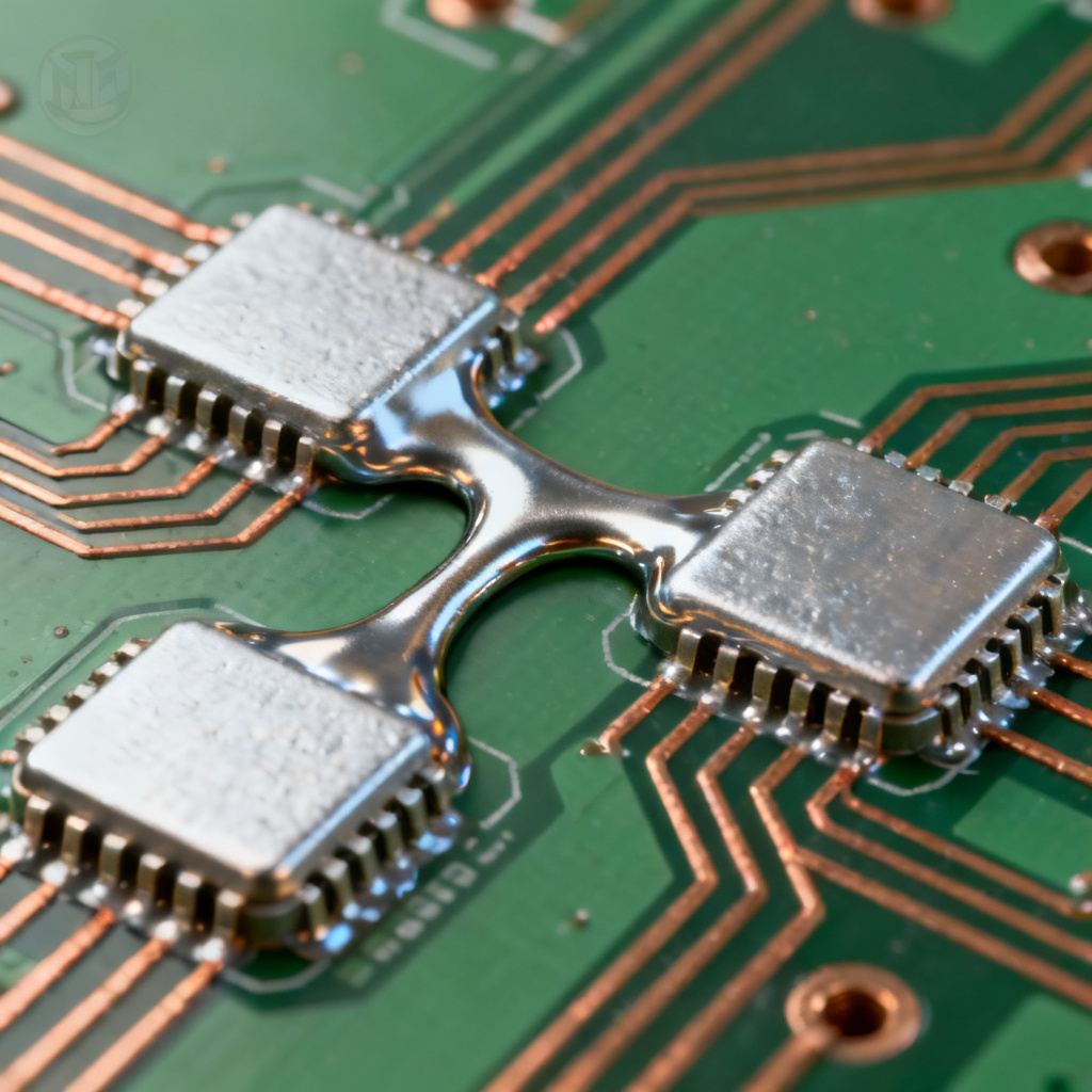 Solder bridging defect on fine-pitch PCB pads causing short circuit