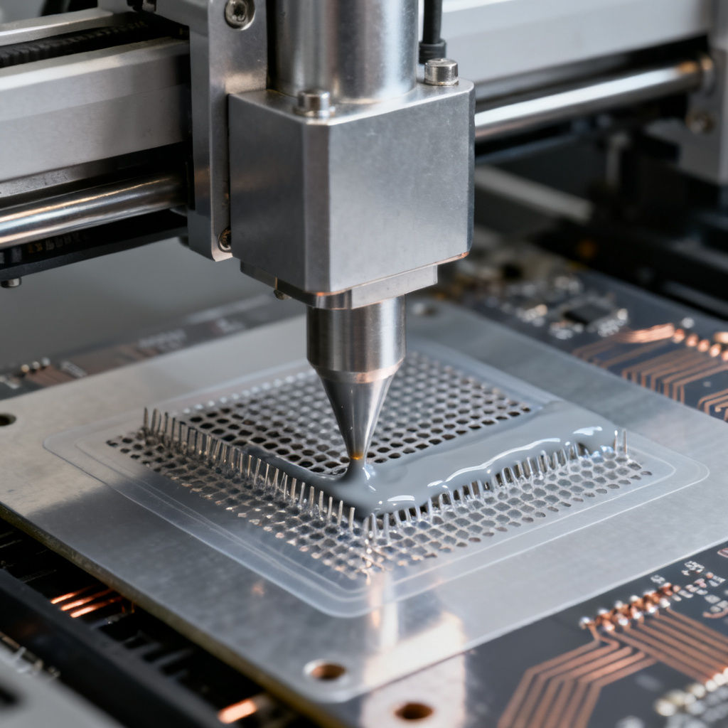 Solder paste printing process in PCB assembly showing stencil and paste deposition