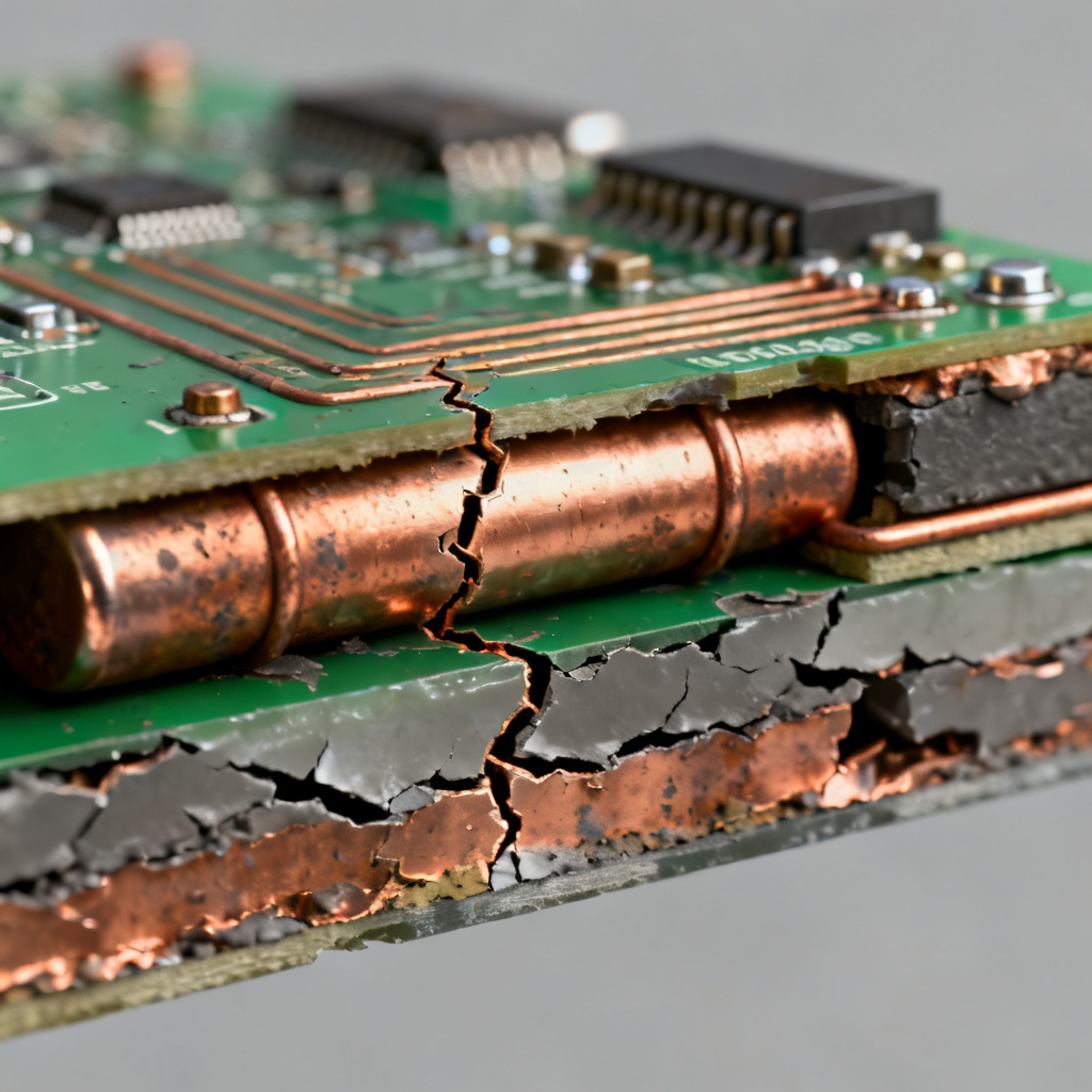 Thermal cycling PCB failure analysis showing barrel cracks and delamination