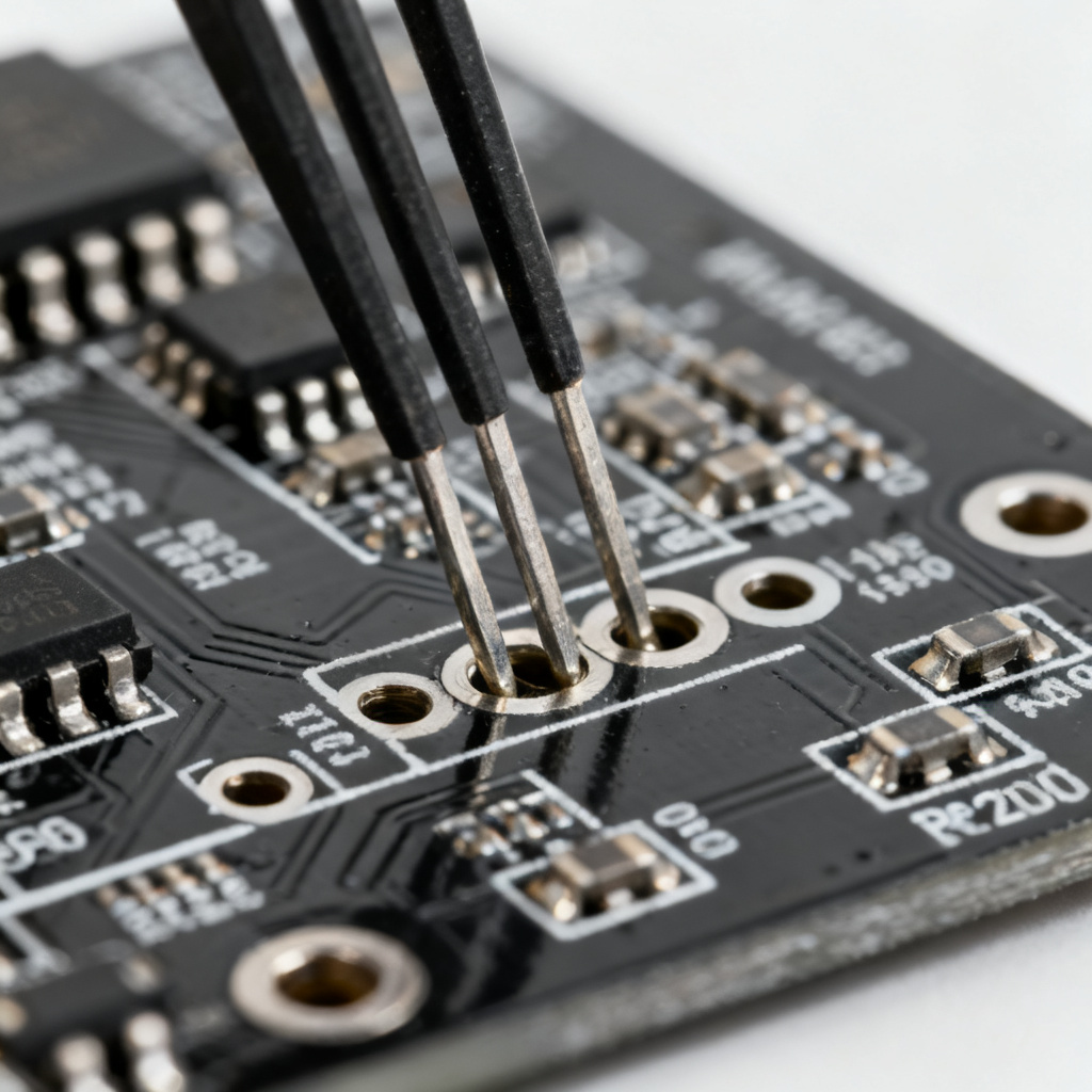 Through-hole component insertion process in PCB assembly showing manual and automated methods