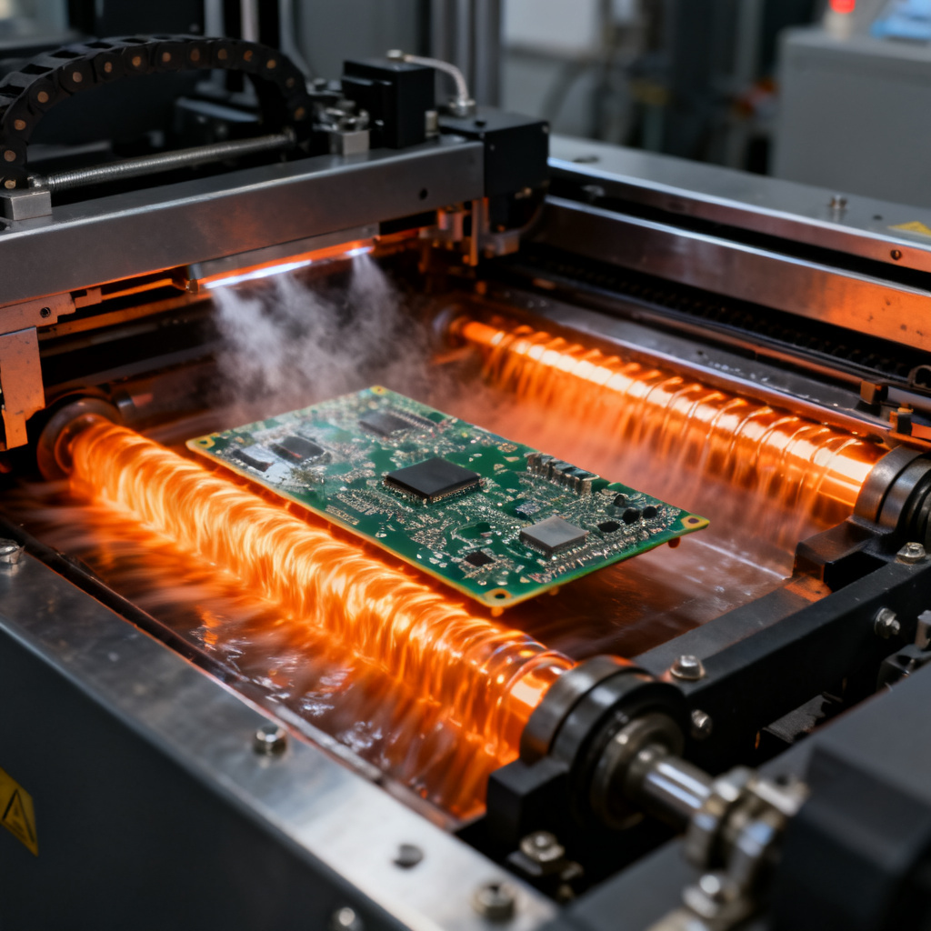 Wave soldering machine for through-hole PCB assembly showing solder wave and conveyor
