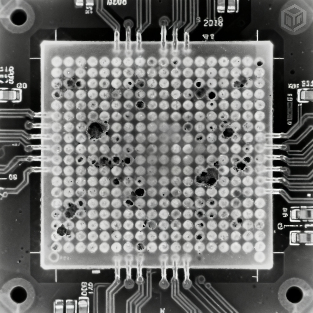 X-ray Inspection of PCB BGA solder joints showing voids and bridges